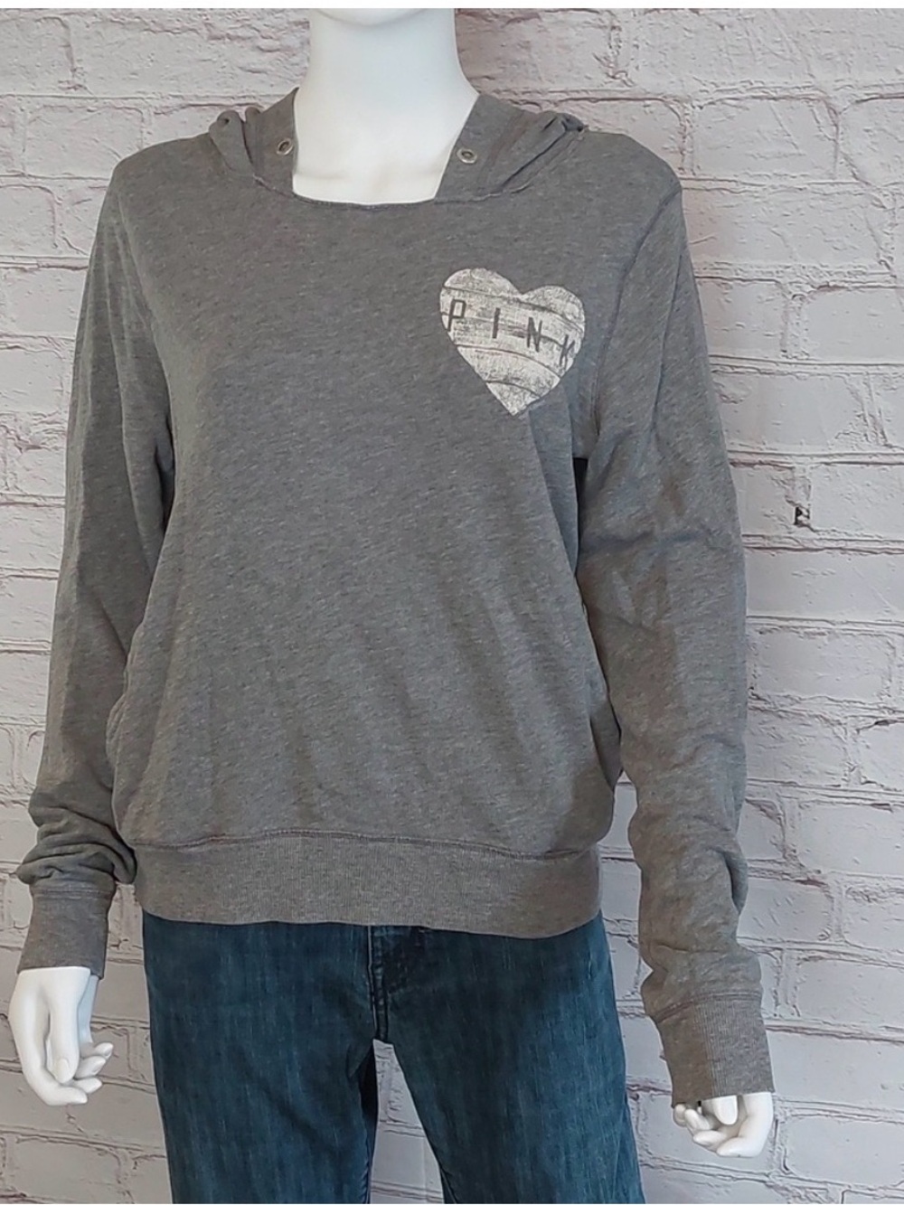 PINK Victoria's Secret Women’s Md Gray Hooded Pullover Distressed Sweatshirt